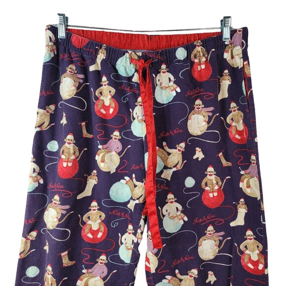 Nick & Nora Sock Monkey Flannel Pajama Set Blue Large Long Sleeve Pants Pull On - Picture 8 of 13